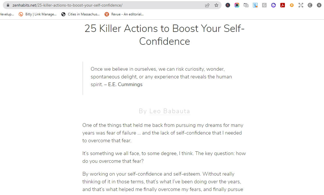 Screenshot of a blog article on self-confidence.