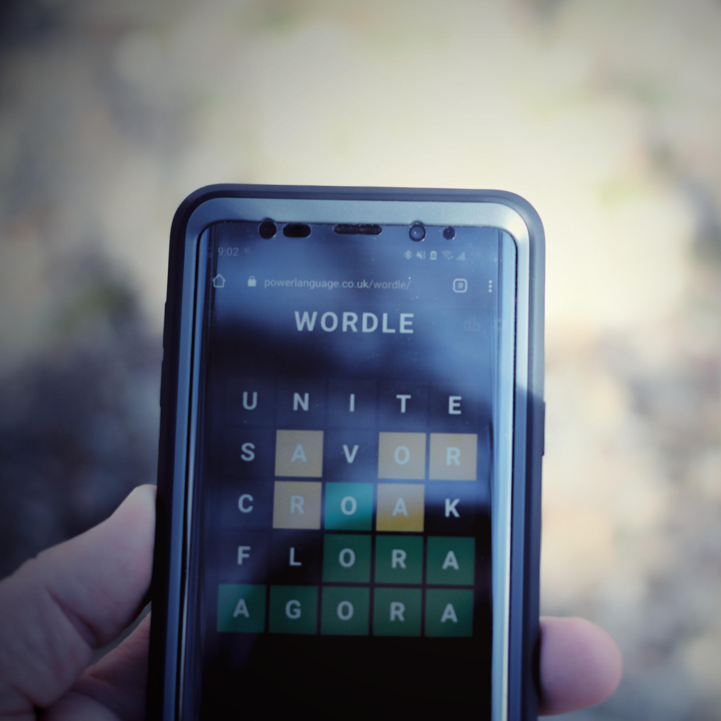 An image with the mobile game Wordle on a cell phone screen.