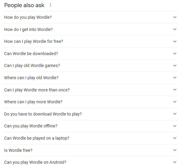 Keywords Everywhere Google People Also Ask (PAA) search queries for the topic wordle