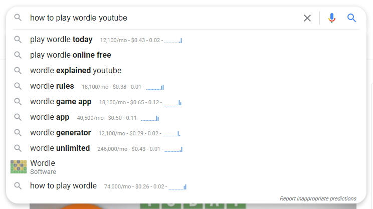 Google search field Keywords Everywhere golden SEO keywords data for the search term "how to play Wordle" YouTube.