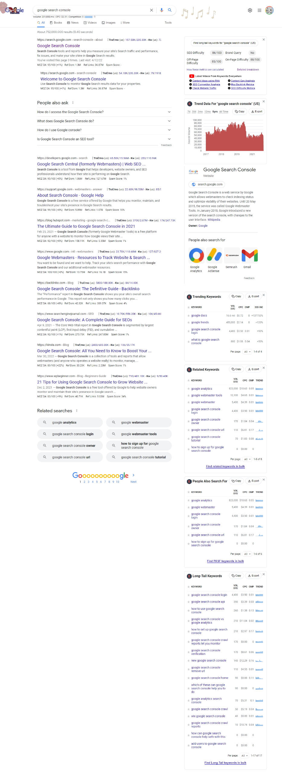 Google Search Console SEO Keyword Research page 1 SERP.