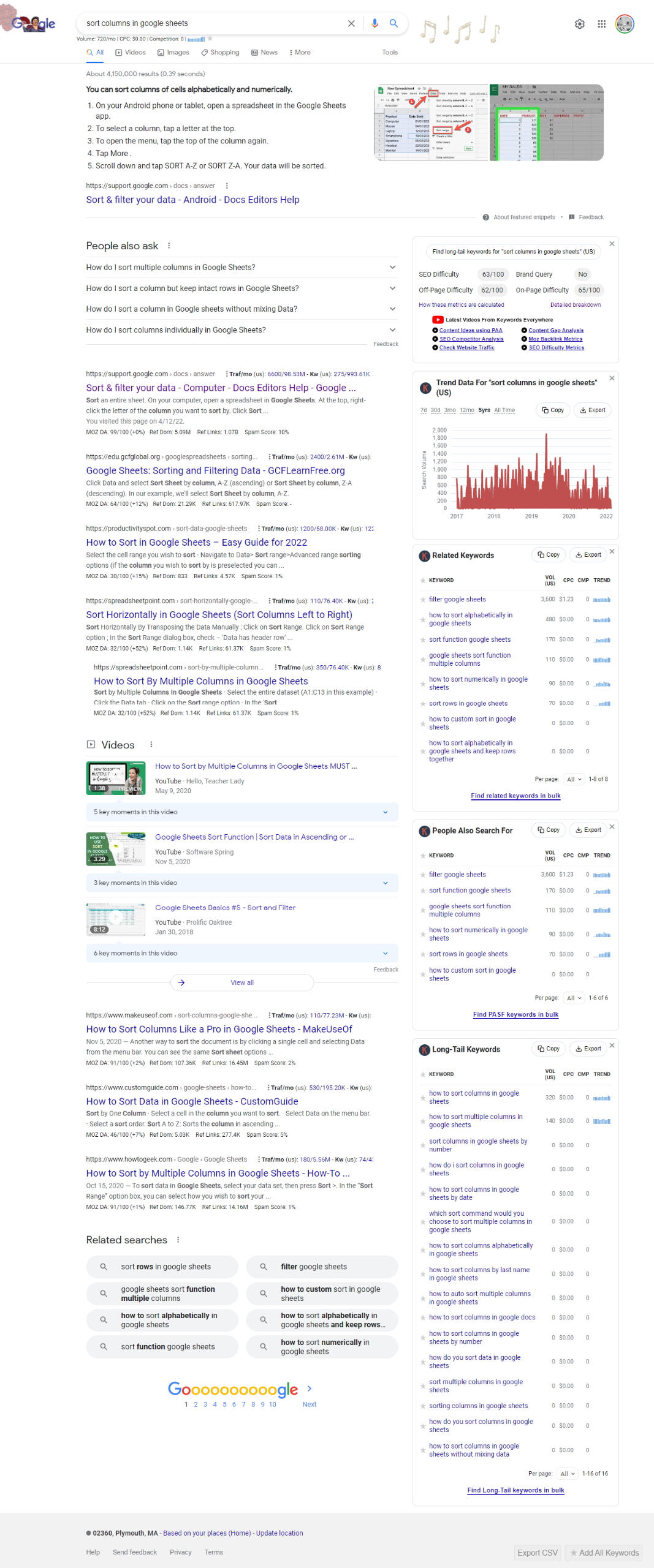 Google Page 1 SERP for [sort columns in google sheets.]