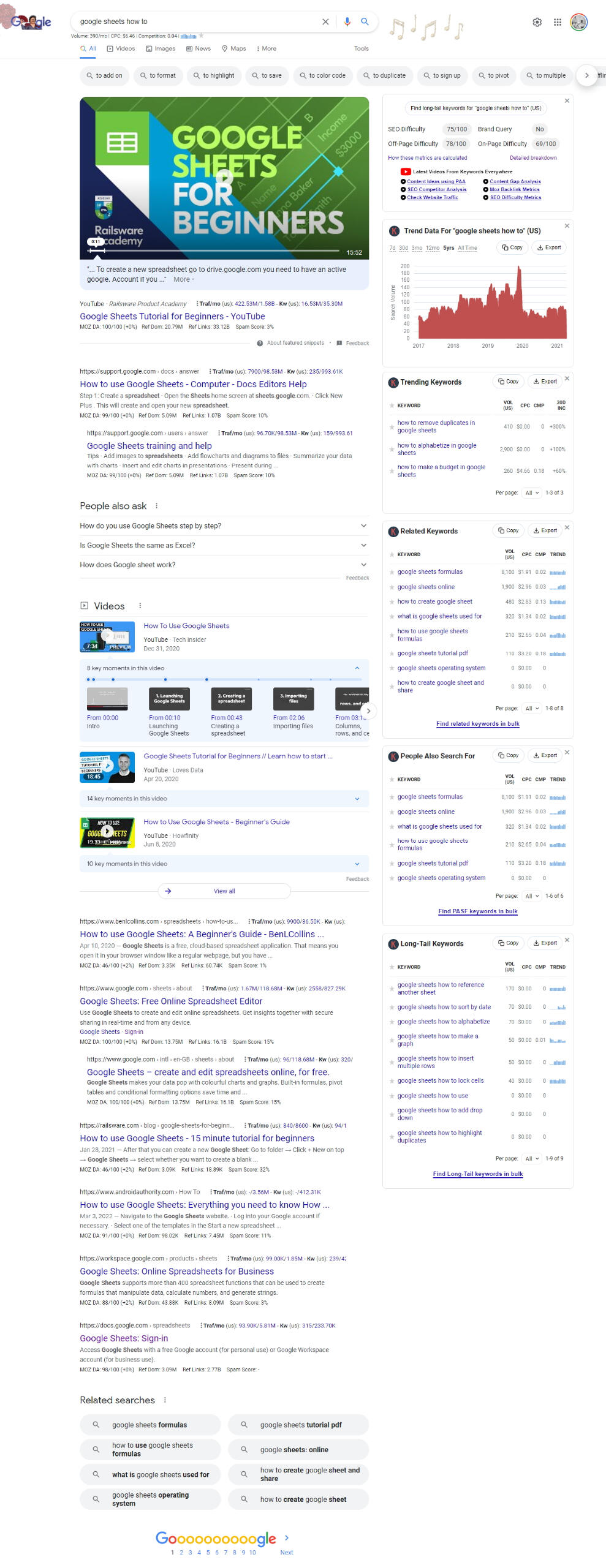 Google Page 1 SERP for [google sheets how to]